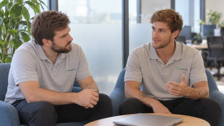 Guillermo and Joaquín having a relaxed conversation in a shared workspace.